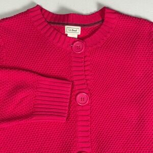 LL Bean Chunky Knit Coral Pink Textured Button Down Cardigan Sweater Womens L